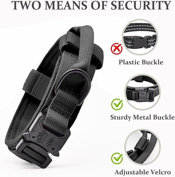 Tactical Dog Collar Set, Adjustable Military Training Nylon Dog Collar with Control Handle and Heavy Quick-Release Metal Buckle for Small Medium Large Dogs, Black S