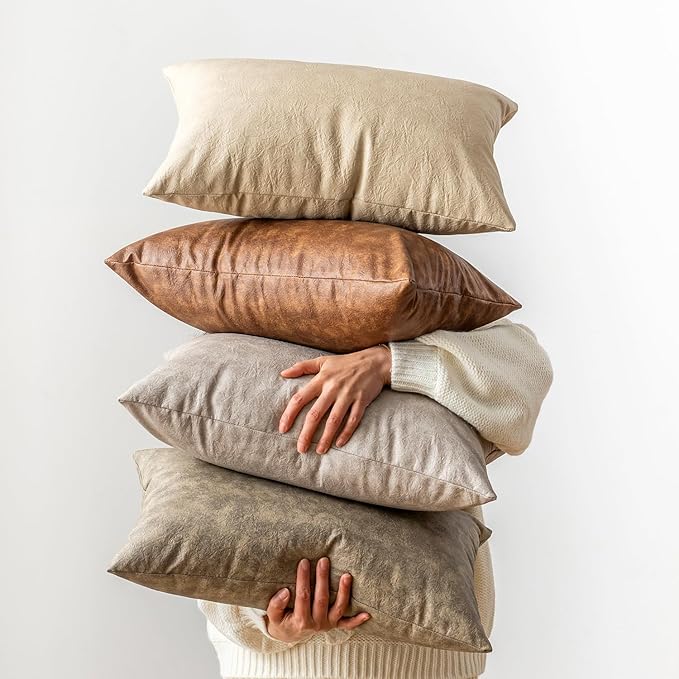 Lumbar Pillow Decorative, Pack of 2 Thickened Farmhouse Luxury Faux Leather Pillow Covers, for Home Decor Outdoor Waterproof Pet Hair Resistant Throw Pillow Covers 12x20 Inch Grey