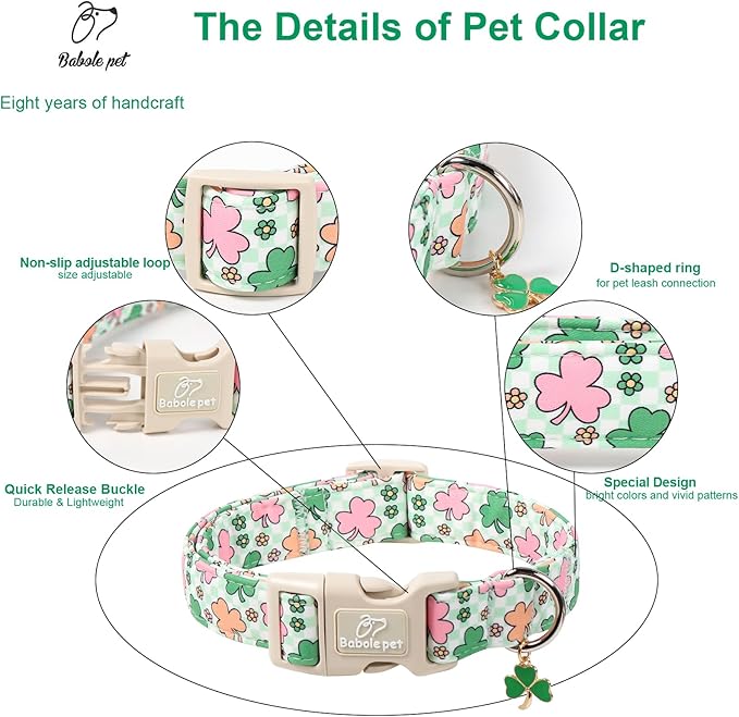 St Patricks Day Dog Collar for Puppy Small Dogs - Cute Pastel Lucky Clover Dog Collars, Lightweight Adjustable Irish Green Festival Dogs Collars with Quick Release Buckle XS