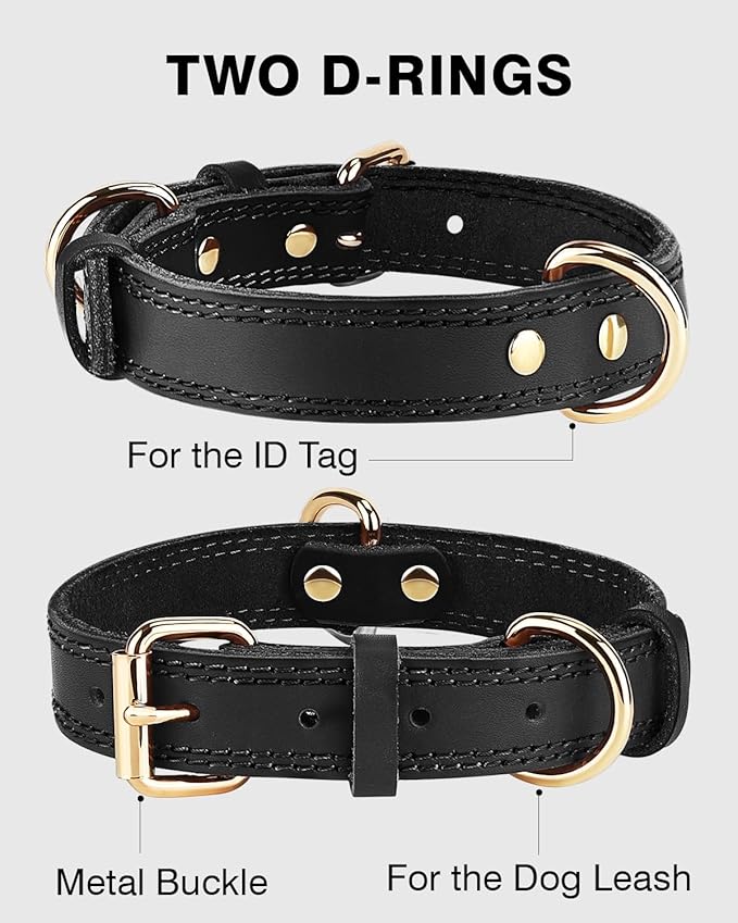 Joytale Genuine Leather Dog Collar for Large Dogs, Heavy Duty Thick Solid Leather for Power Breeds, Sturdy Adjustable Pet Collar with Metal Pin Buckle, Durable for Daily Walking, Black, XL