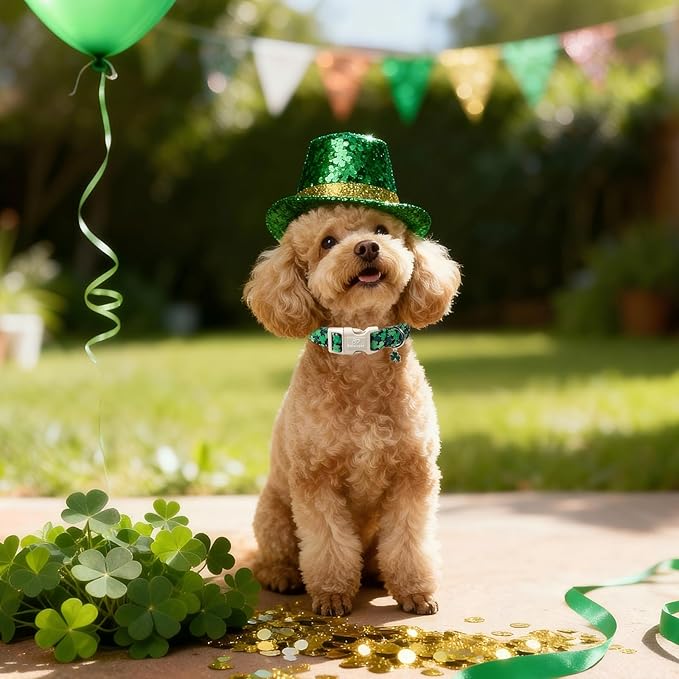 St Patricks Day Dog Collar for Giant Large Dogs - Green Lucky Clover Dog Collars, Lightweight Adjustable Irish Festival Shamrock Dogs Collars with Quick Release Buckle XL