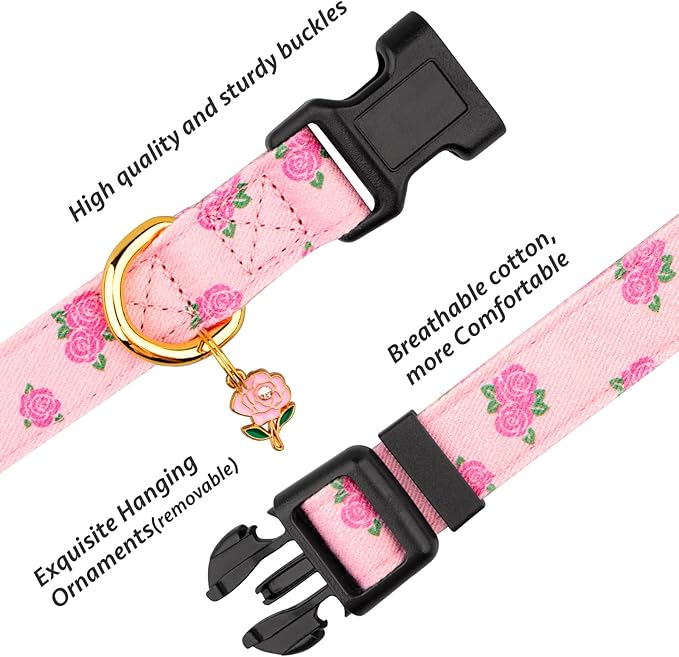Cotton Handmade Dog Collar Cute and Distinctive Patterns Pink Rose with Pendant for Girl Boy Dogs Collars L