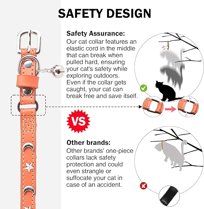 Leather Cat Collars for Boy Girl Cats with Bell and Safety Elastic Belt, Personalized Star and Moon Stud Adjustable Safe Buckle Collar for Kitty Small Big Cats Size 8-12 Inch, Orange