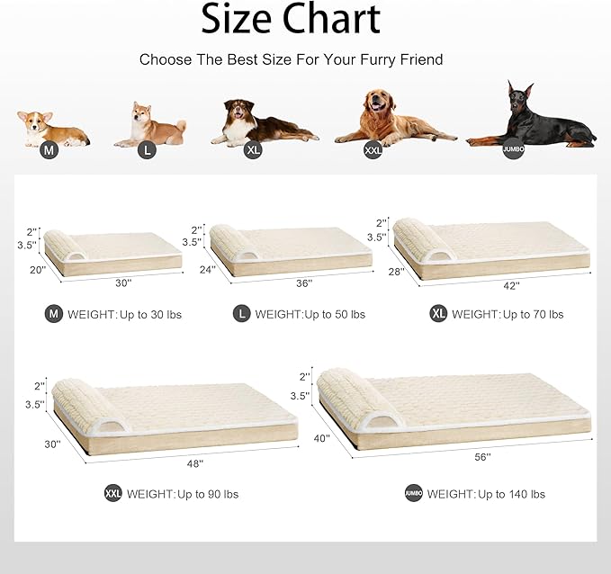 Orthopedic XL Dog Bed Large Sized Dog with Pillow 42''X28'', Waterproof Soft Comfortable Egg Crate Foam Pet Crate Beds Mat with Removable Washable Cover and Non-Slip Bottom, Cream