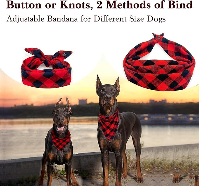 Christmas Plaid Bandana with Button, Fall Soft Cotton Triangle Dog Scarf Kerchief - Adjustable, Washable, Dual Layer for Small to Extra Large Dogs, Boys & Girls