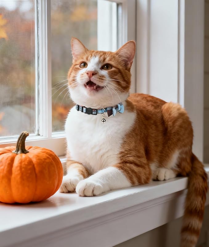 Joytale Upgraded Cat Collar with Bells, Breakaway Cat Collars with Bow Tie, 2 Pack Girl Boy Safety Plaid Kitten Collars, Haze Blue+Pink