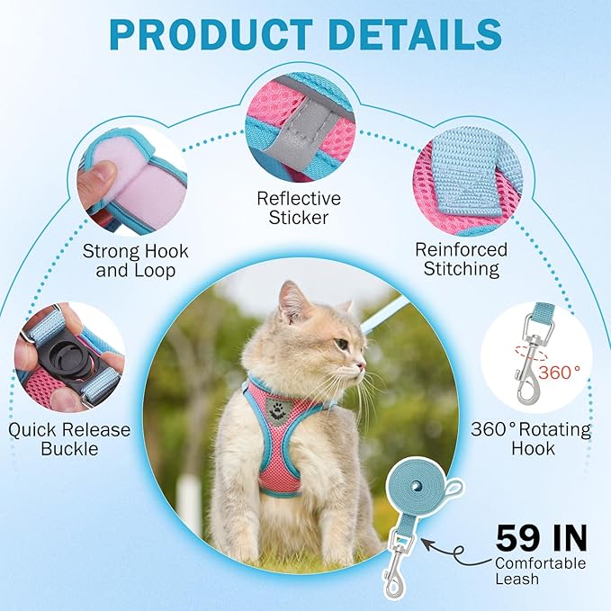 SCENEREAL Cat Harness and Leash Set Escape Proof, Adjustable Soft Air Mesh Kitten Harnesses for Girls Boys Small Medium Big Cats, Reflective Light Travel Pet Walking Vest for Puppy Rabbit, Pink M