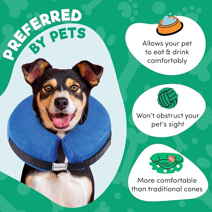 BENCMATE Inflatable Dog Cone Collar Alternative, Soft Dog Cone for Small Medium Large Dogs and Cats, Neck Recovery ECollar Donut Collar After Surgery (Small, Blue)