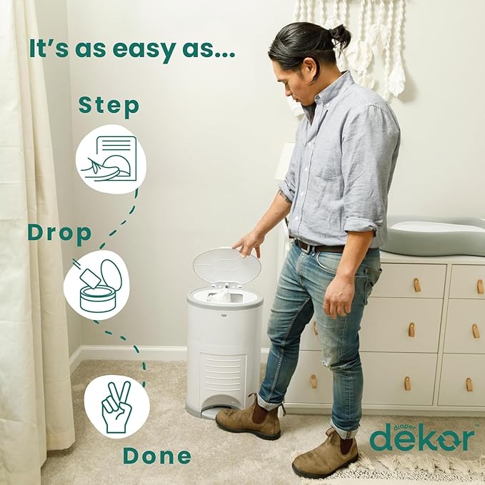 Diaper Dekor EKO Plus Diaper Pail, White | ONLY Eco-Friendly Diaper Pail Made with 70% Recycled Materials | Hands-Free: Step–Drop–Done | Cost-Effective Refill System |Great Cloth Diaper Pail