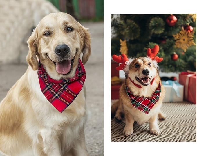 Birthday Plaid Dog Bandana with Button, Dual Layer Scarf Soft Cotton Triangle Bib Girls and Boys Kerchief Adjustable Accessories for Small Medium Large Extra Large Dog Puppy Pet Cat