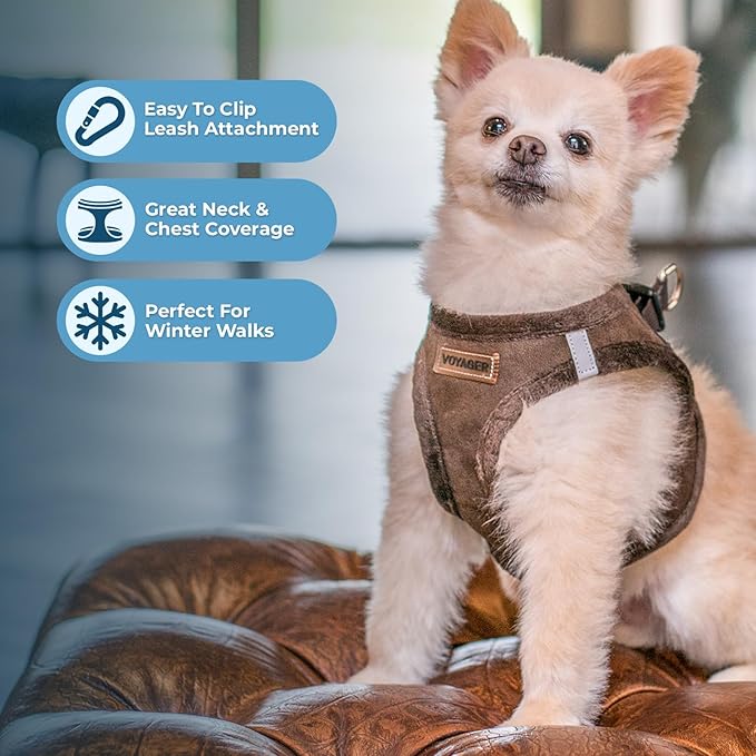 Best Pet Supplies - All Weather Plush, Reflective, No Pull Harness for Small, Medium Dogs, Cats - Secure with Hook & Loop Fastener, Buckle, Double D-Rings - Chocolate Suede, XL