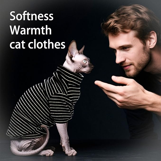 Fleece Sphynx Cat Clothes Soft Hairless Cat Clothes Pullover Cat Sweater for Chihuahua All Season Light and Warm Kitten Cloth for Cats Only Puppy Clothes Small Dog Sweater (B-Striped, S)