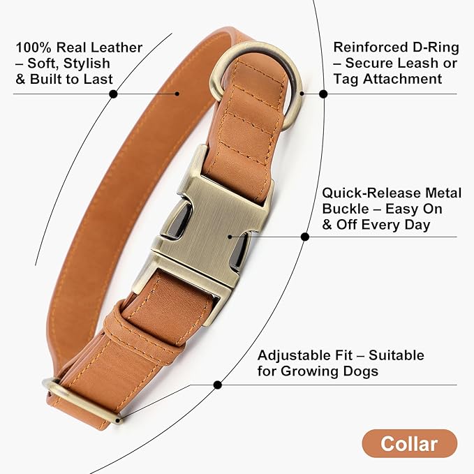 Plutus Pet Genuine Leather Dog Collar – Adjustable Pet Collar with Quick Release Metal Buckle, Soft Real Leather for Small Medium Large Dogs, Heavy Duty & Skin-Friendly (Light Brown, L)