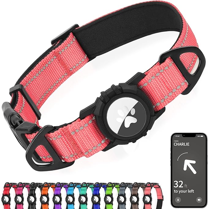Joytale Airtag Dog Collar, Reflective Pet Collar with Waterproof AirTag Holder, Dual D-Rings, Soft Padded Adjustable for Small Dogs, Neon Pink, S