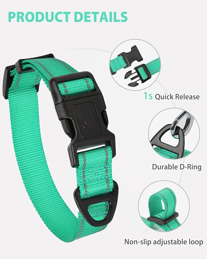 Joytale Large Dog Collar, Reflective and Adjustable Nylon Pet Collar with Quick-Release Buckle for Extra Large Dogs, Teal, XL