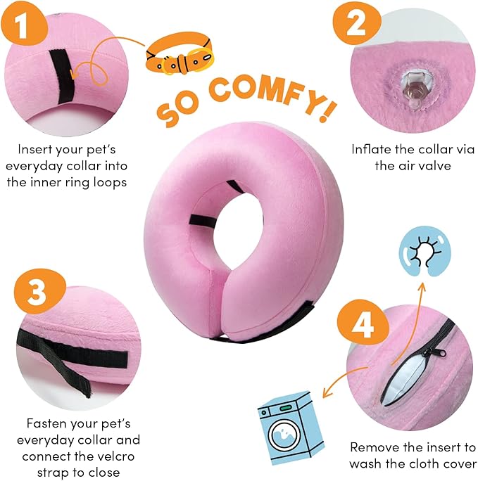 BENCMATE Inflatable Dog Cone Collar Alternative, Soft Dog Cone for Small Medium Large Dogs and Cats, Neck Recovery ECollar Donut Collar After Surgery (Medium, Pink)