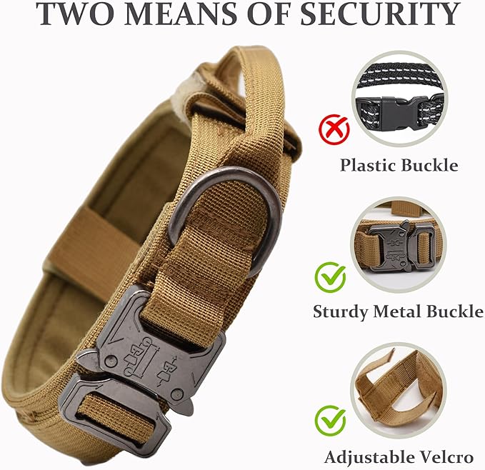 Tactical Dog Collar, Adjustable Military Training Nylon Dog Collar with Control Handle and Heavy Quick-Release Metal Buckle for Small Medium Large Dogs, Brown L