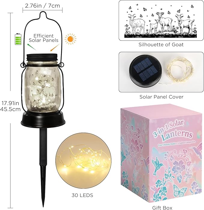 Goat Gifts for Women/Men Goat Solar Lanterns Mom Birthday Animal Lovers Lantern Animal Memorial Lights Solar Garden Decoration for Yard, Patio,Backyard,Porch Torches
