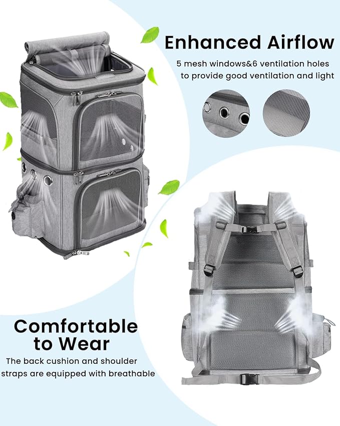 Double-Compartment Pet Carrier Backpack for Small Cats and Dogs, Cat Travel Carrier for 2 Cats, Perfect for Traveling/Hiking/Camping, Grey