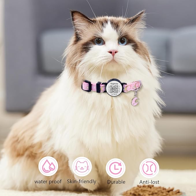 Breakaway Cat Collar with QR Code ID & Modifiable Profile, Upgraded Reflective Safety Collar - Free Lifetime Replacement, Adjustable Nylon, Star Moon Design (Blue)