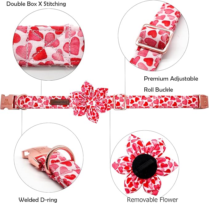 Lionheart glory Valentine's Day Dog Collar with Flower Dog Collars Red Hearts Dogs Collar with Bowtie for X-Small Dogs Puppy Spring Puppy Pet Collars Bows