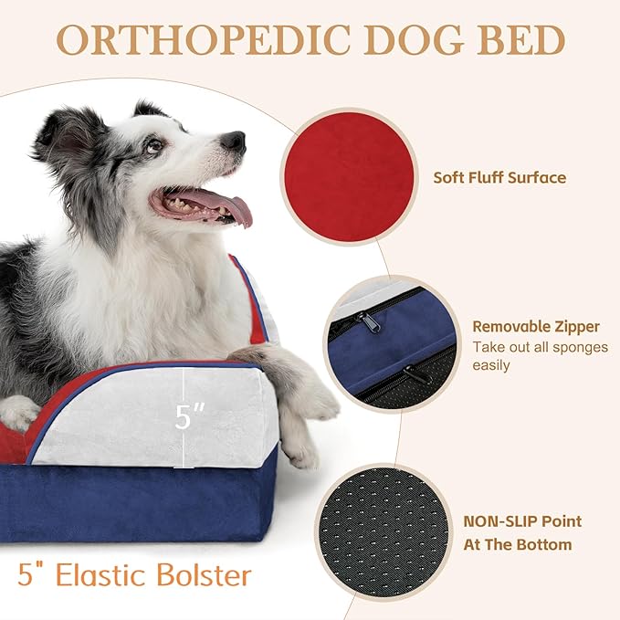 Comfort Expression Orthopedic Dog Bed for Extra Large Dogs 45x35 Inch, Waterproof Egg Crate Foam XL Pet Bed with Removable Bolsters, Dog Couch with Washable Cover & Non-Slip Bottom, American Flag 2
