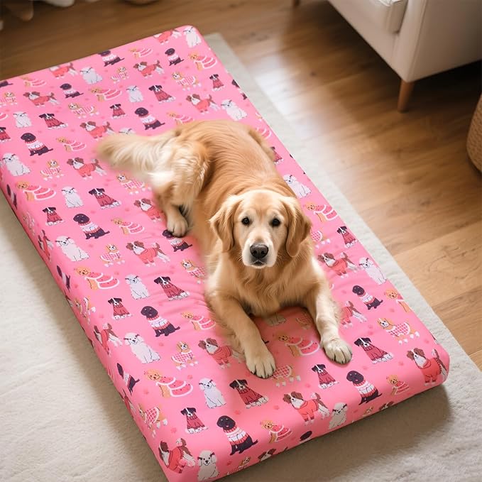 Replacement Dog Bed Covers Elastic Edged Washable Pet Bed Protector with Pink Dog Pattern Design for Medium & Large Pet Beds, Cover Only (Pink, 36" L x 27.0" W x 6.0" Th)
