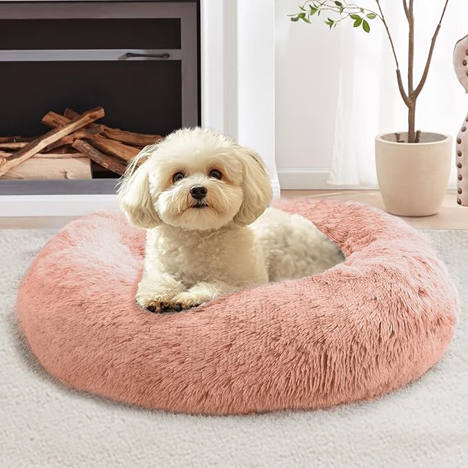JOLLYVOGUE Calming Dog Bed Large Size Dog, Anti-Anxiety Donut Large Pet Bed, 36 inches Fluffy Faux Fur Round Cat Bed, Fits up to 75 lbs Pets (Peach Pink)