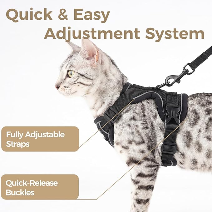 Cat Harness and Leash Set Escape Proof Tactical Extra Large Kitten Harness Emotional Support Cat Vest, Black, XL