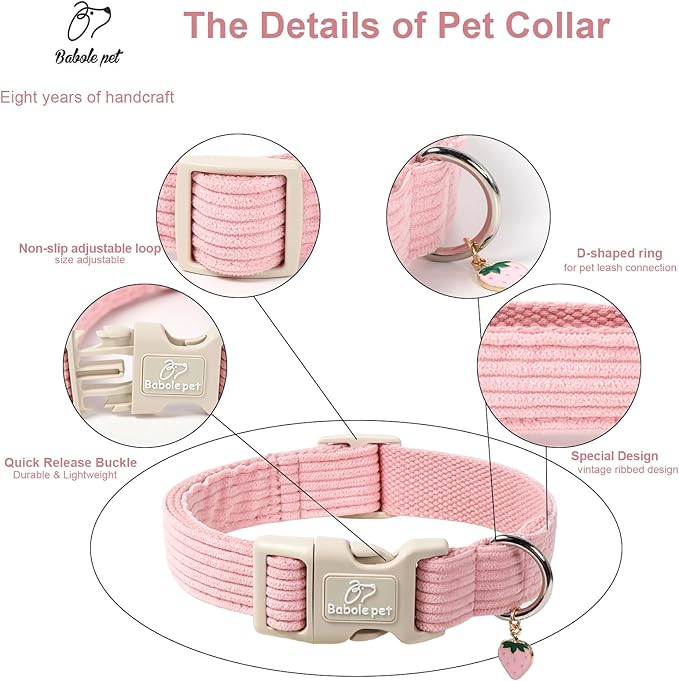 Cute Corduroy Dog Collar - Pink Adjustable Dog Collars for X-Small Dogs 4-10lbs, Fade-Proof with Secure Snap & Little Charm, Christmas Birthday Gift, XS