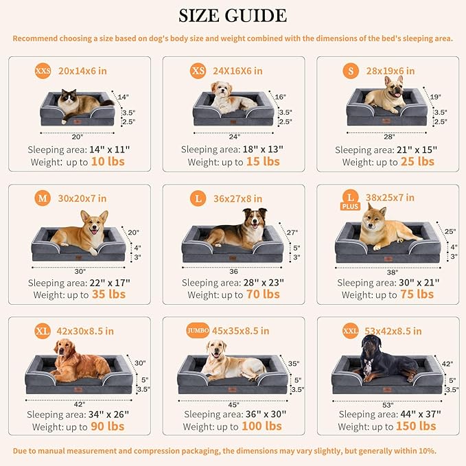 Comfort Expression Orthopedic Dog Bed for Extra Large Dogs 42x30 Inch, Waterproof Egg Crate Foam XL Pet Bed with Removable Bolsters, Dog Couch with Washable Cover & Non-Slip Bottom, Dark Grey