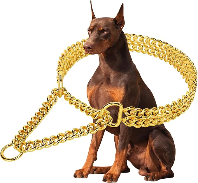 Gold Dog Chain Collar Stainless Steel 18K Gold Collar Adjustable Walking, Metal Cuban Link Chew Proof Double Row Chain for Large Small Medium Dogs