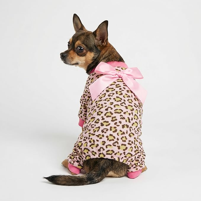 Fitwarm Leopard Dog Pajamas, Fleece Dog Clothes for Small Dogs Girl with Legs, Pet Onesie, Cat Outfit, Pink, Medium