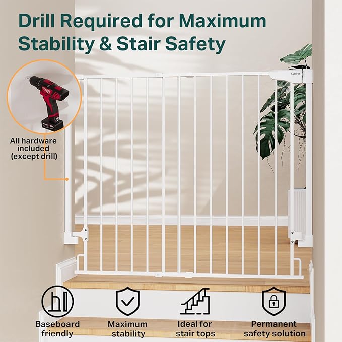 Cumbor 34" Extra Tall No Bottom Bar Baby Gate for Stairs, Wall Mounted Dog Gate Indoor for Larger Pets, Expandable 29.2-43" Safety Gate for Doorways, Wide Walk Thru Door for Easy Access (White)