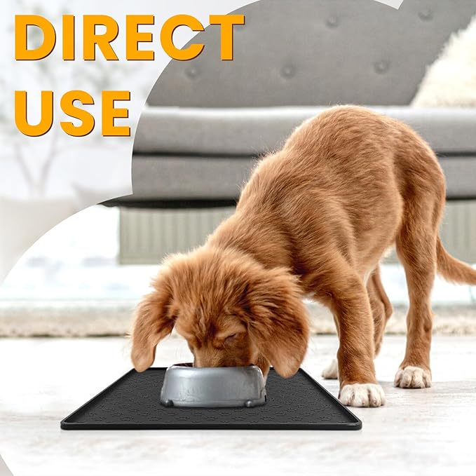 Ptlom Pet Placemat for Dog and Cat, Waterproof Non-Slip Silicone Feeding Bowl Mat Prevent Food and Water Overflow, Puppy Dish Feeder Fountain Trays Suitable for Medium and Small Pets, Black