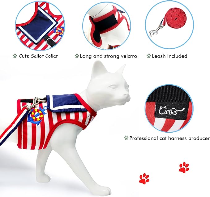 Cat Harness and Leash for Walking Escape Proof, Adjustable Cat Vest Harness, Padded Stylish Cat Walking Jackets, Sailor Suit Red, Extra Large