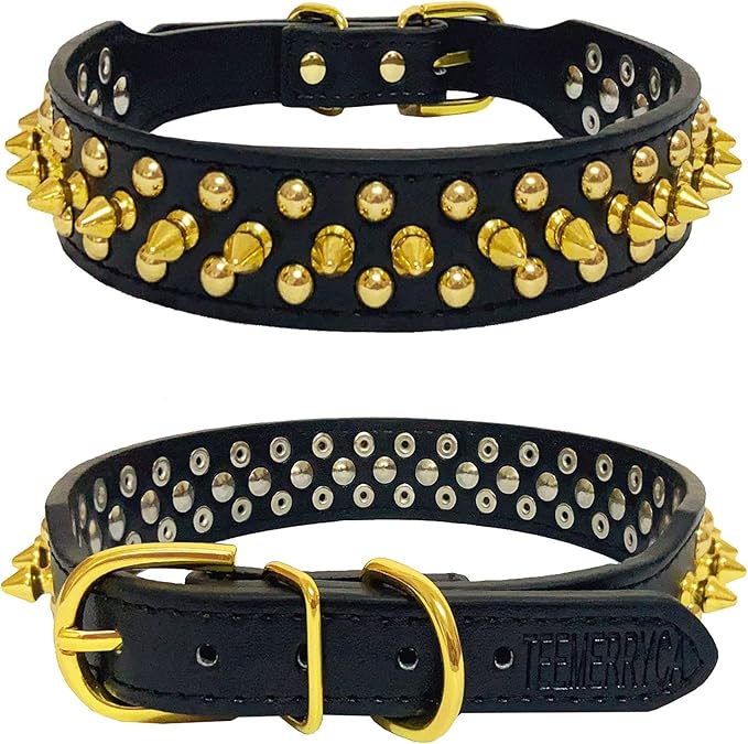 TEEMERRYCA Black Leather Dog Collar with Gold Spikes for Boy Small Medium Large Pets,Pit Bulls/Bulldog, Keep Dog Safe from Grabbing by Huge Dogs,XS(8.3"-10.6")