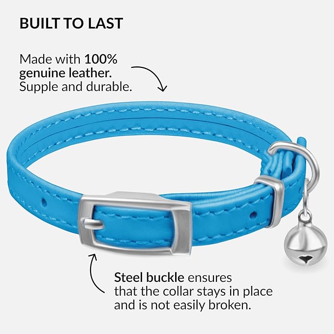 CollarDirect Leather Cat Collar with Bell - Kitten Collar, Small and Big Cat for Boy Cats, Girl Cats with Safety Elastic Strap (Neck Fit 8"-11", Light Blue)