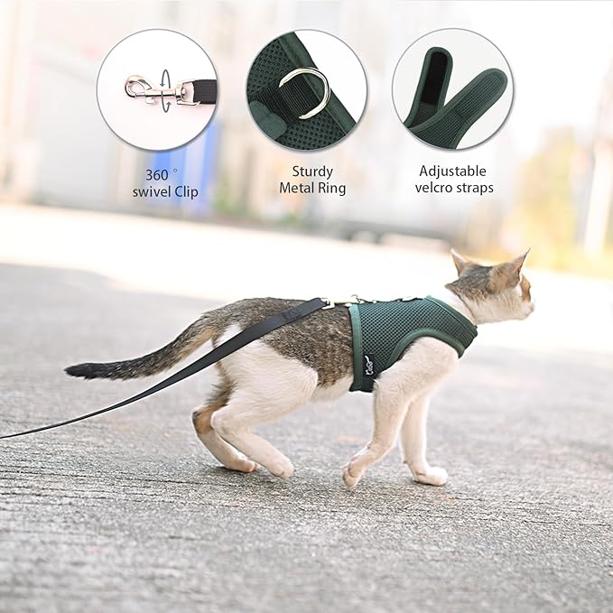 Cat Harness and Leash for Walking Escape Proof Breathable Mesh Fabric, Solid Green, Medium, Adjustable Cat Walking Jackets, Padded Stylish Cat Vest