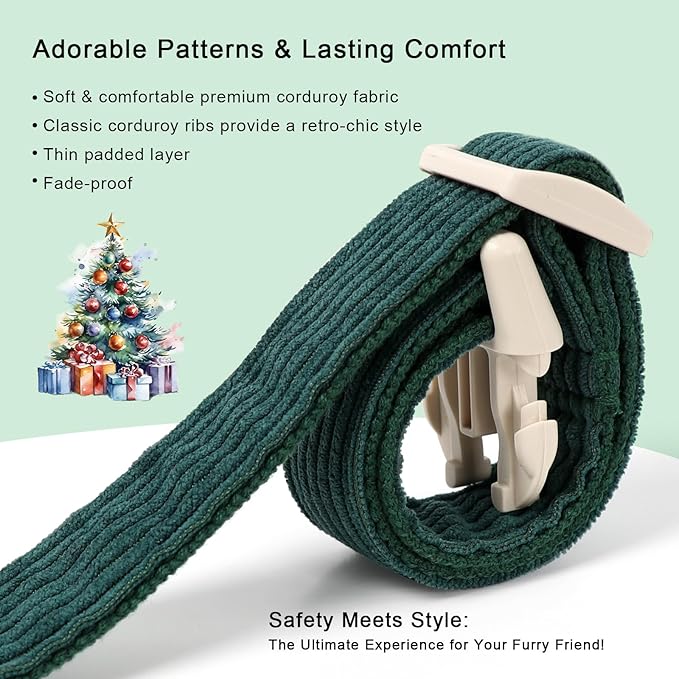 Cute Corduroy Dog Collar - Forest Green Adjustable Dog Collars for X-Small Dogs 4-10lbs, Fade-Proof with Secure Snap & Little Charm, Christmas Birthday Gift, XS
