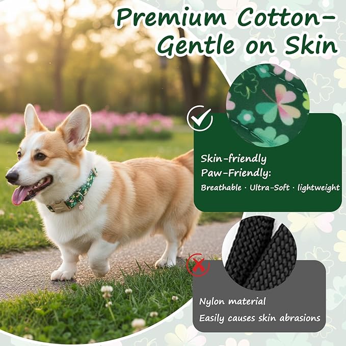 St. Patrick's Day Dog Collar,Green Clover Lucky Shamrock Puppy Collar,Adjustable Spring Cotton Collars Gifts for Small Medium Large Dogs,Dog Accessories L