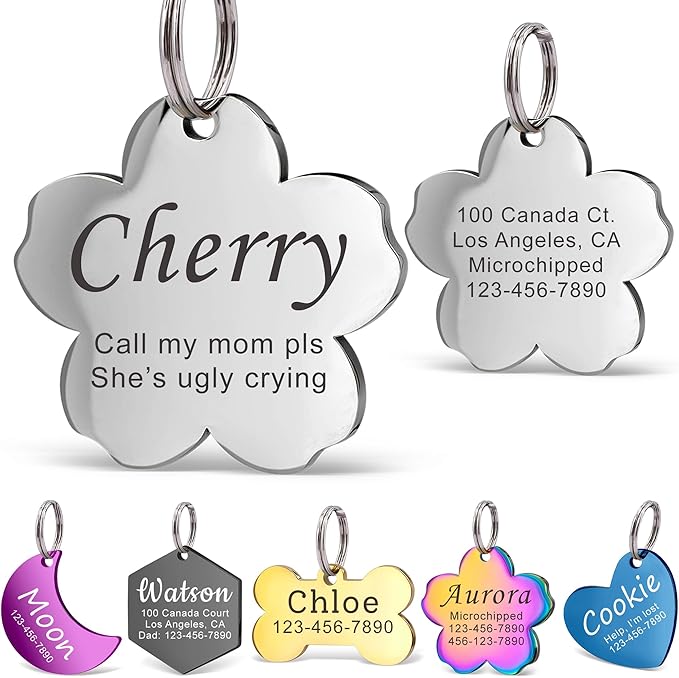 Anavia Personalized Pet ID Tags, Stainless Steel Glossy Laser Engraved Dog Cat Collar Name Tags, Multiple Colors Shapes Sizes (Cherry Blossom, Regular)