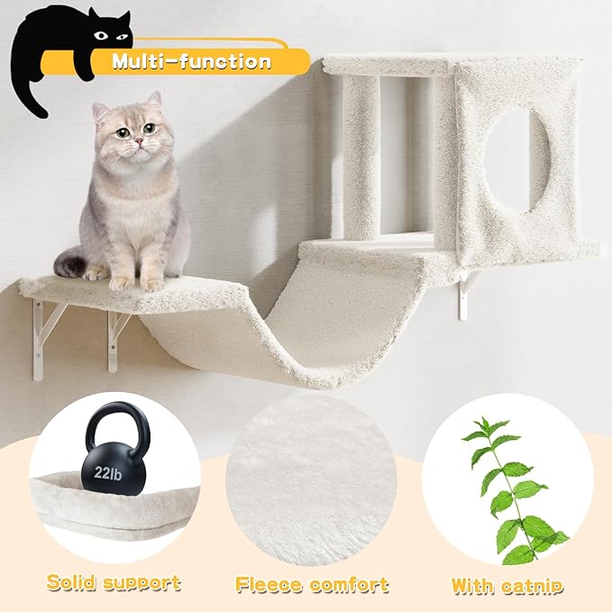 NUNU LAB Cat Wall Shelves, 6 Pcs Luxury Wall-Mounted Cat Climber Set, Indoor Cat Furniture with 1 Condos House, 2 Cat Wall Shelves, 1 Scratching, 1 Bridge Ladder, 1 Scratching Pad, Beige