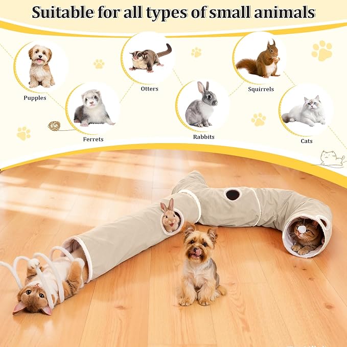 Ownpets 2-in-1 Cat Tunnel, Large Lollipop Shape Cat Tunnel Toy with Fluffy Balls, Spiral Toy, Plush Collapsible Cat Cave Hideout Donut Tunnel for Multi Kitten Puppy Rabbit (Beige)
