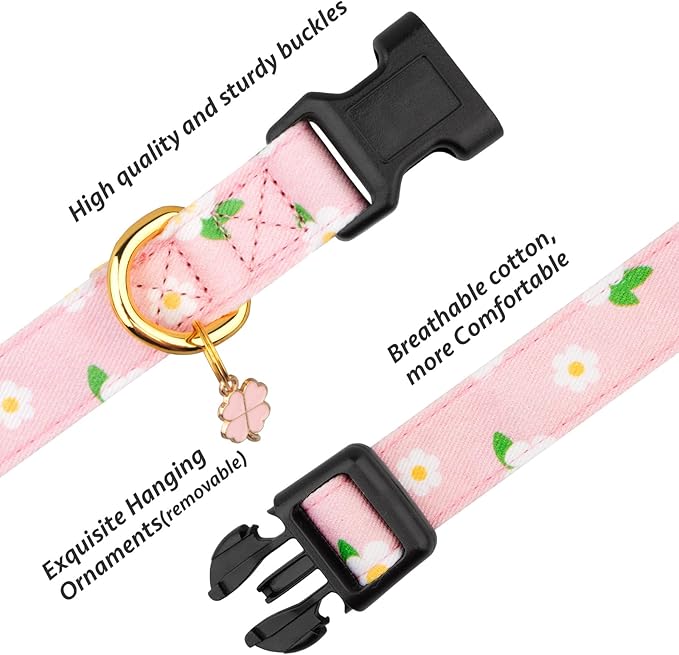Cotton Handmade Dog Collar Cute and Distinctive Patterns Pink Flower with Pendant for Girl Boy Dogs Collars S