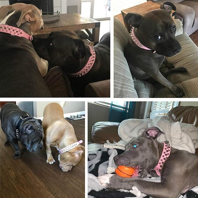 TEEMERRYCA Adjustable Leather Spiked Studded Dog Collars with a Squeak Ball Gift for Small Medium Large Pets Like Cats/Pit Bull/Bulldog/Pugs/Husky, Pink, XS 8.3-10.6 inches