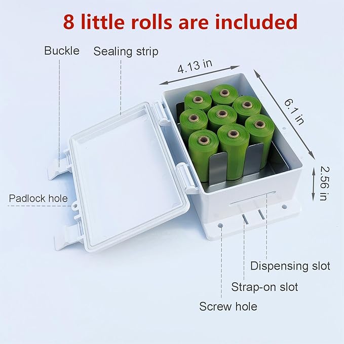 Dog Poop Bag Dispenser Wall Mounted Outdoor Pet Poop Bags Storage Container with Lock, 8 Small Rolls Stake, Pole, Fence Mountable fits Home Commercial Occasion(White dispenser+8 rolls+lock)