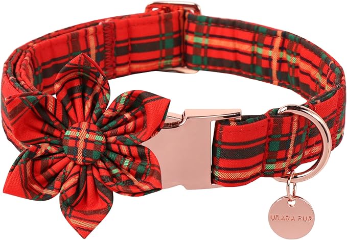 Christmas Dog Collar with Flower, Cotton Christmas Plaid Collar for Medium Girl Boy Dog,Red &Green Plaid Dog Collar Bowtie with Durable Metal Buckle,Adorable Pet Collar,M,Neck 13.5-22in