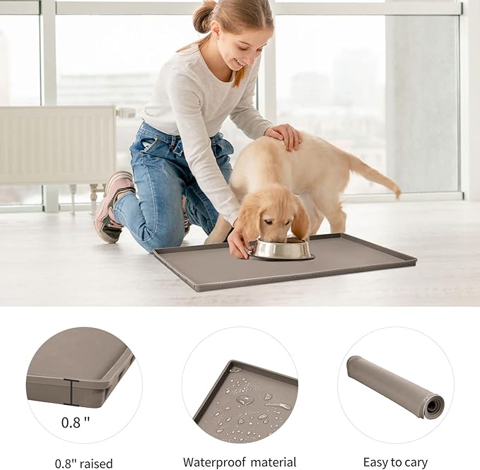 Dog Food Mat,Silicone Waterproof Food Tray,Non Slip Pet Bowl Mats Placemat,0.8" Raised Edge,Suitable for Most Small and Medium Sized Pets,28" x 18"