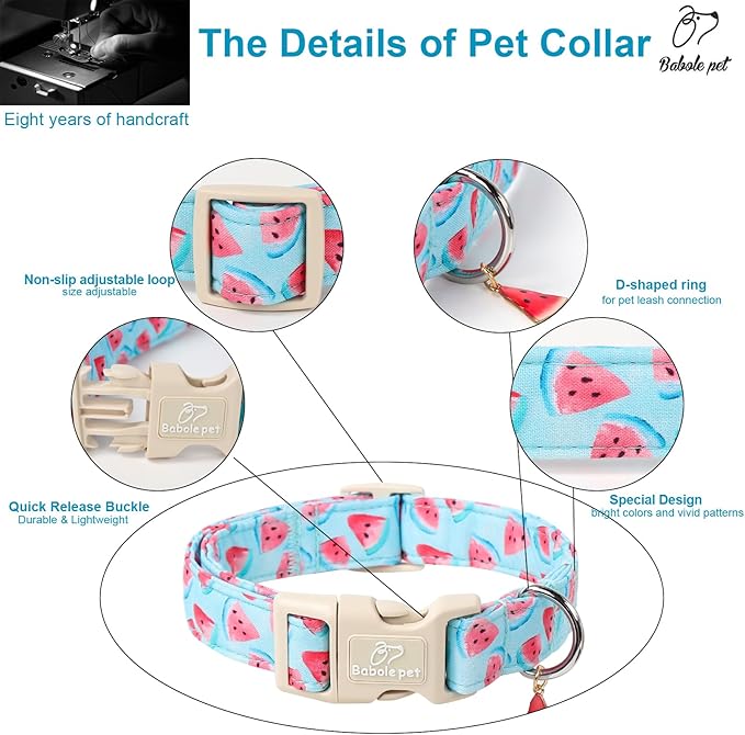 Adjustable Summer Dog Collar, Cute Watermelon Dog Collars for Medium Dogs, Lightweight Quick-Release Buckle Collar for Boy&Girl Dogs M